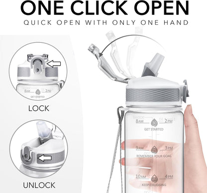 Plastic Water Bottle With Straw & Time Marker, 32oz Leakproof Jug