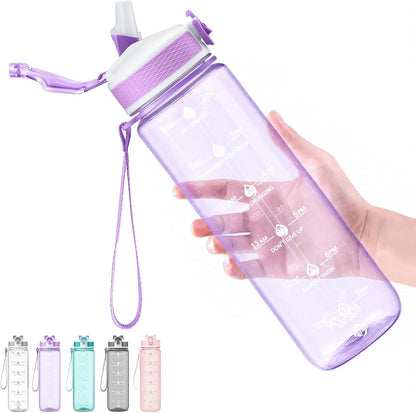Plastic Water Bottle With Straw & Time Marker, 32oz Leakproof Jug