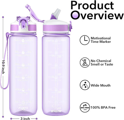 Plastic Water Bottle With Straw & Time Marker, 32oz Leakproof Jug