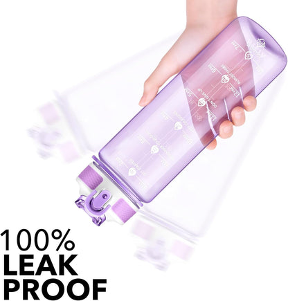 Plastic Water Bottle With Straw & Time Marker, 32oz Leakproof Jug