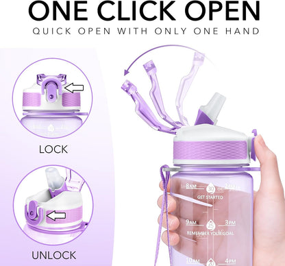 Plastic Water Bottle With Straw & Time Marker, 32oz Leakproof Jug