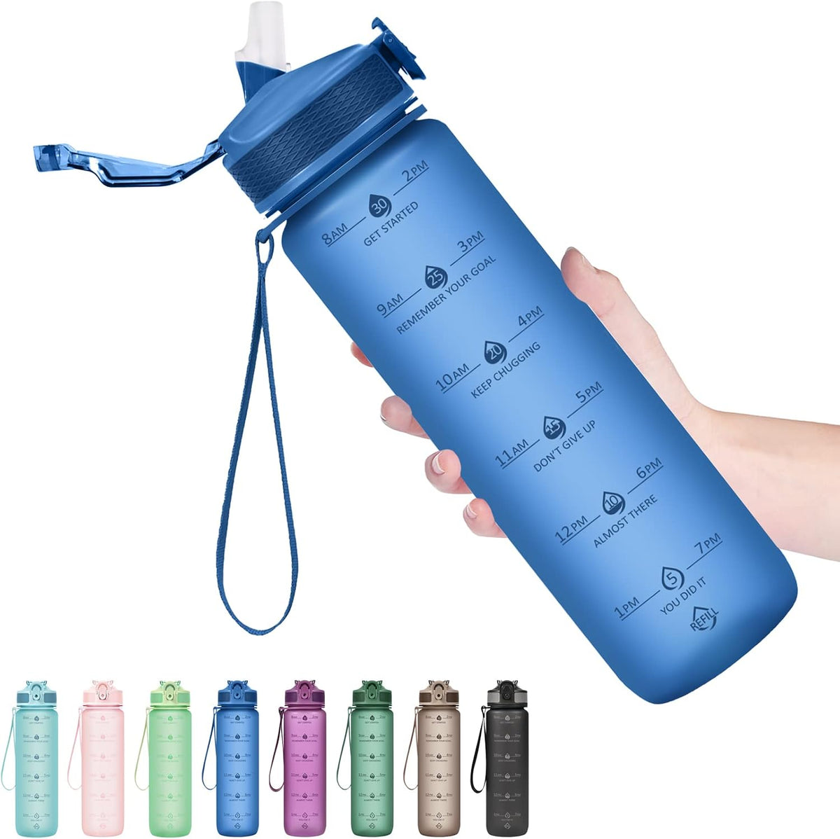 Plastic Water Bottle With Straw & Time Marker, 32oz Leakproof Jug