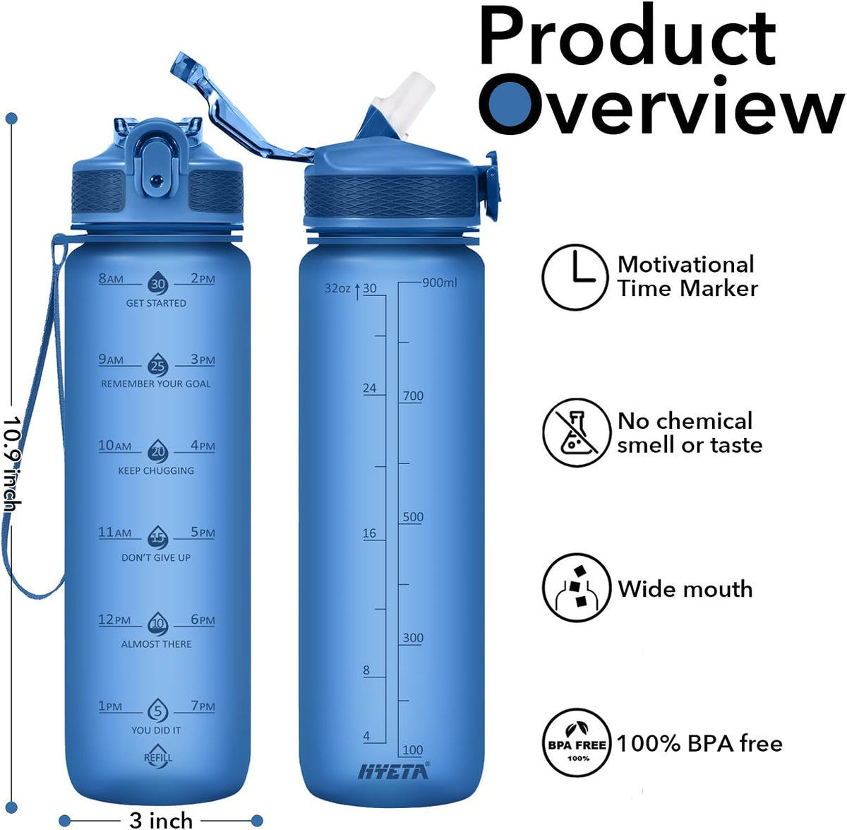 Plastic Water Bottle With Straw & Time Marker, 32oz Leakproof Jug