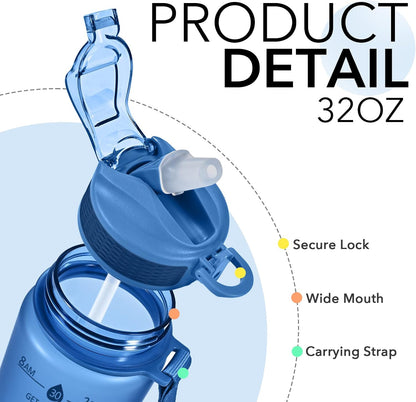 Plastic Water Bottle With Straw & Time Marker, 32oz Leakproof Jug