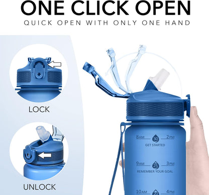 Plastic Water Bottle With Straw & Time Marker, 32oz Leakproof Jug