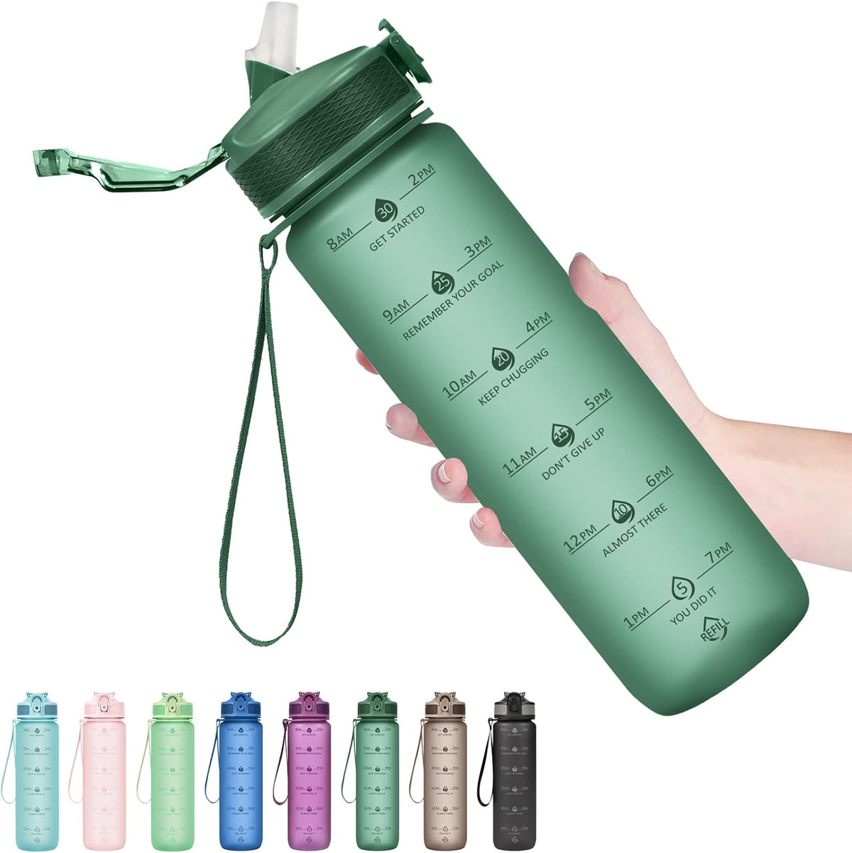 Plastic Water Bottle With Straw & Time Marker, 32oz Leakproof Jug