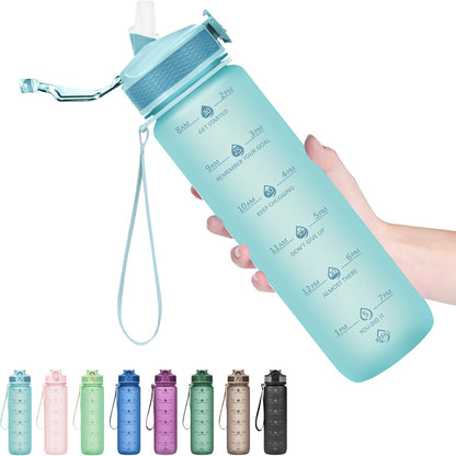Plastic Water Bottle With Straw & Time Marker, 32oz Leakproof Jug