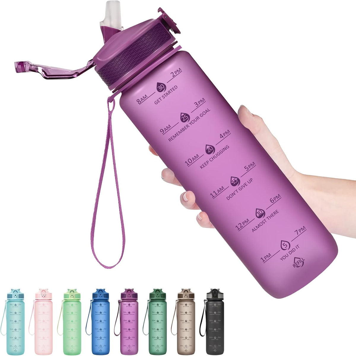 Plastic Water Bottle With Straw & Time Marker, 32oz Leakproof Jug