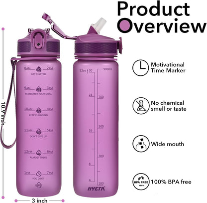 Plastic Water Bottle With Straw & Time Marker, 32oz Leakproof Jug
