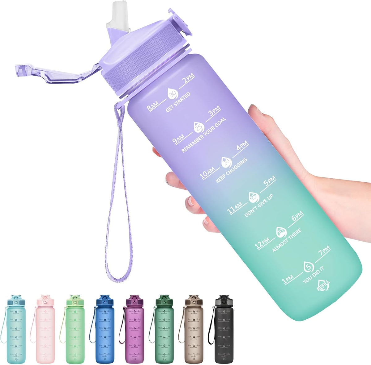 Plastic Water Bottle With Straw & Time Marker, 32oz Leakproof Jug