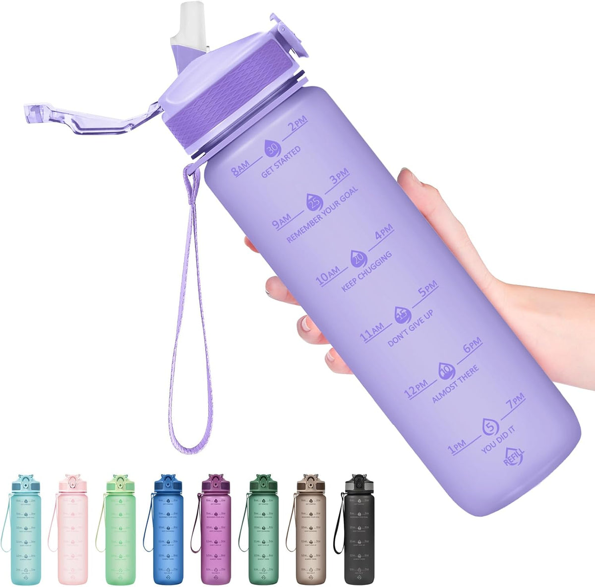 Plastic Water Bottle With Straw & Time Marker, 32oz Leakproof Jug