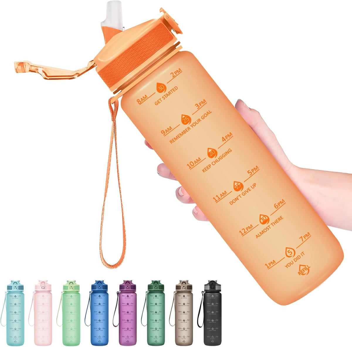 Plastic Water Bottle With Straw & Time Marker, 32oz Leakproof Jug