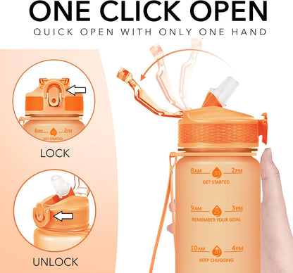Plastic Water Bottle With Straw & Time Marker, 32oz Leakproof Jug
