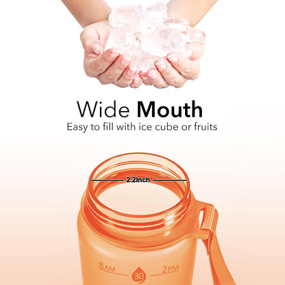 Plastic Water Bottle With Straw & Time Marker, 32oz Leakproof Jug