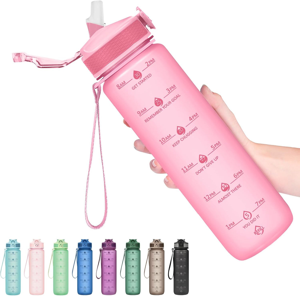 Plastic Water Bottle With Straw & Time Marker, 32oz Leakproof Jug