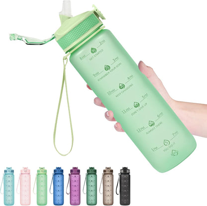 Plastic Water Bottle With Straw & Time Marker, 32oz Leakproof Jug