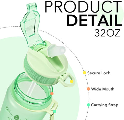 Plastic Water Bottle With Straw & Time Marker, 32oz Leakproof Jug