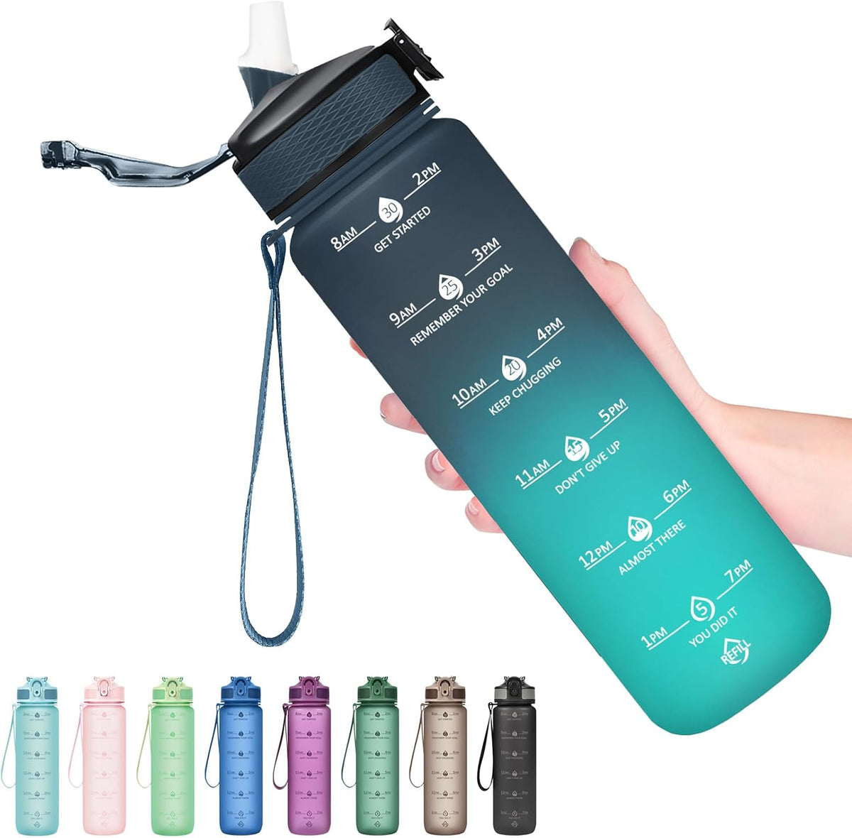 Plastic Water Bottle With Straw & Time Marker, 32oz Leakproof Jug