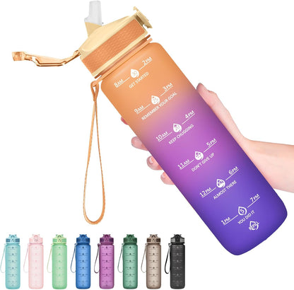 Plastic Water Bottle With Straw & Time Marker, 32oz Leakproof Jug