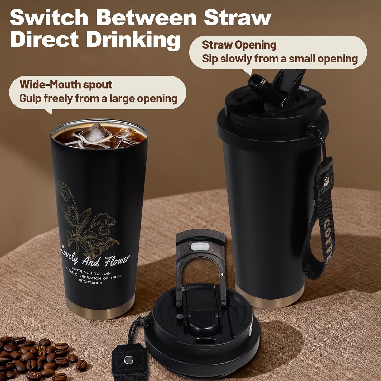 Insulated Coffee Tumbler 17.9oz 530ml Travel Coffee Mug 316 Stainless Steel Dual Drink Openings Leakproof Lid Reusable Insulated Coffee Mug Hot and Cold Ideal Travel Mug for Coffee Lover Daily