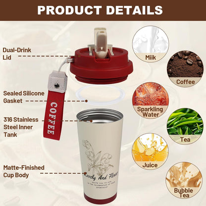 Insulated Coffee Tumbler 17.9oz 530ml Travel Coffee Mug 316 Stainless Steel Dual Drink Openings Leakproof Lid Reusable Insulated Coffee Mug Hot and Cold Ideal Travel Mug for Coffee Lover Daily