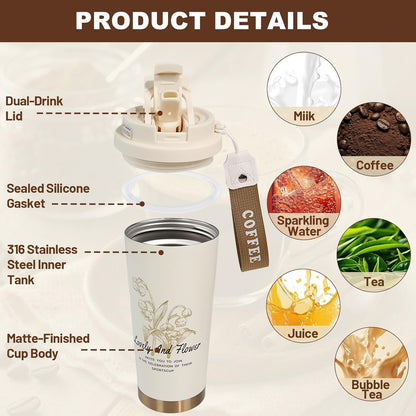 Insulated Coffee Tumbler 17.9oz 530ml Travel Coffee Mug 316 Stainless Steel Dual Drink Openings Leakproof Lid Reusable Insulated Coffee Mug Hot and Cold Ideal Travel Mug for Coffee Lover Daily