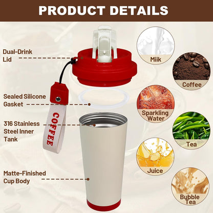 Insulated Coffee Tumbler 17.9oz 530ml Travel Coffee Mug 316 Stainless Steel Dual Drink Openings Leakproof Lid Reusable Insulated Coffee Mug Hot and Cold Ideal Travel Mug for Coffee Lover Daily