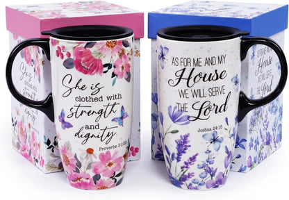 17oz Ceramic Travel Mug with Lid, Christian Floral Coffee Mug | Christian Coffee Mug with Handle, Joshua 24:15 Floral Design, Splash-Resistant Lid, Microwave & Dishwasher Safe, Gift Box