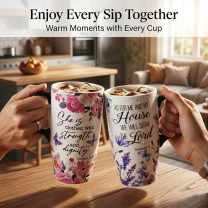 17oz Ceramic Travel Mug with Lid, Christian Floral Coffee Mug | Christian Coffee Mug with Handle, Joshua 24:15 Floral Design, Splash-Resistant Lid, Microwave & Dishwasher Safe, Gift Box
