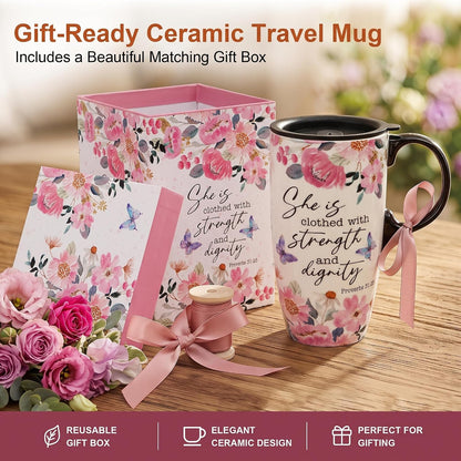 17oz Ceramic Travel Mug with Lid, Christian Floral Coffee Mug | Christian Coffee Mug with Handle, Joshua 24:15 Floral Design, Splash-Resistant Lid, Microwave & Dishwasher Safe, Gift Box