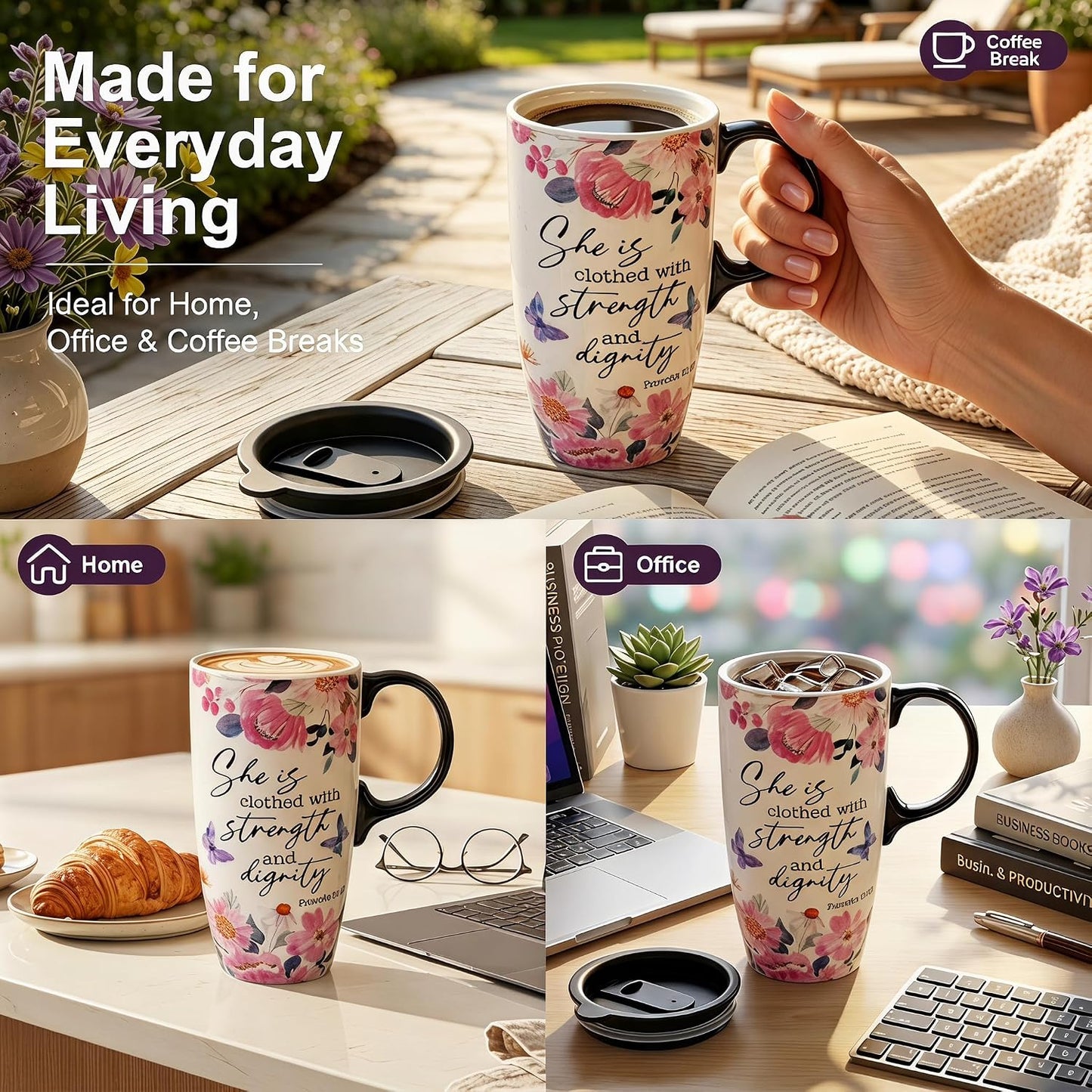 17oz Ceramic Travel Mug with Lid, Christian Floral Coffee Mug | Christian Coffee Mug with Handle, Joshua 24:15 Floral Design, Splash-Resistant Lid, Microwave & Dishwasher Safe, Gift Box