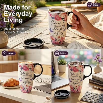 17oz Ceramic Travel Mug with Lid, Christian Floral Coffee Mug | Christian Coffee Mug with Handle, Joshua 24:15 Floral Design, Splash-Resistant Lid, Microwave & Dishwasher Safe, Gift Box