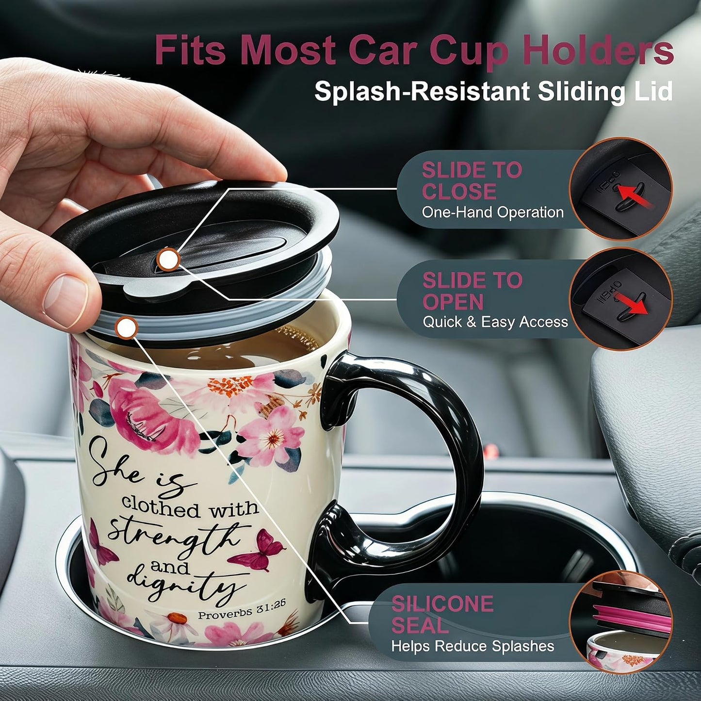 17oz Ceramic Travel Mug with Lid, Christian Floral Coffee Mug | Christian Coffee Mug with Handle, Joshua 24:15 Floral Design, Splash-Resistant Lid, Microwave & Dishwasher Safe, Gift Box