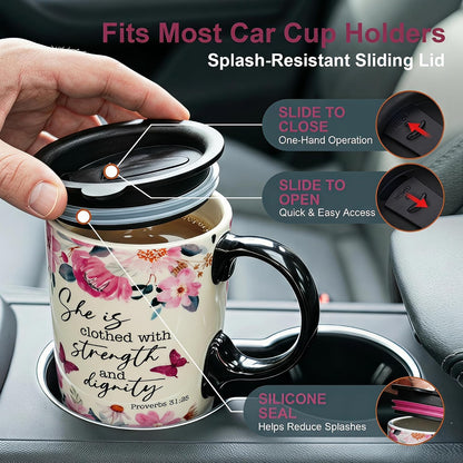 17oz Ceramic Travel Mug with Lid, Christian Floral Coffee Mug | Christian Coffee Mug with Handle, Joshua 24:15 Floral Design, Splash-Resistant Lid, Microwave & Dishwasher Safe, Gift Box