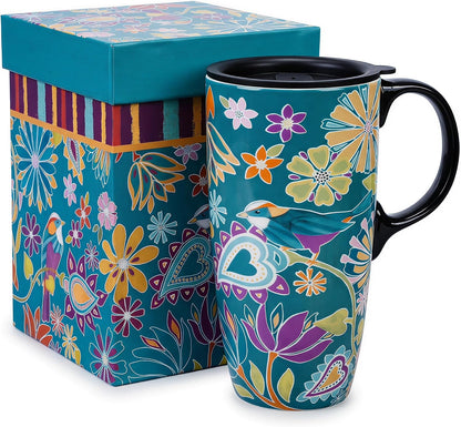 17oz Ceramic Travel Mug with Lid, Christian Floral Coffee Mug | Christian Coffee Mug with Handle, Joshua 24:15 Floral Design, Splash-Resistant Lid, Microwave & Dishwasher Safe, Gift Box