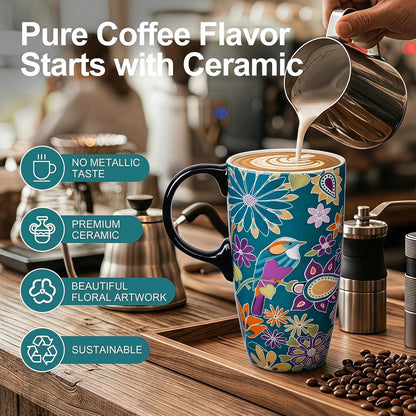17oz Ceramic Travel Mug with Lid, Christian Floral Coffee Mug | Christian Coffee Mug with Handle, Joshua 24:15 Floral Design, Splash-Resistant Lid, Microwave & Dishwasher Safe, Gift Box