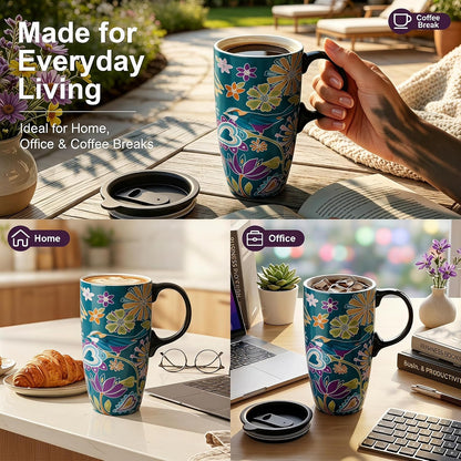 17oz Ceramic Travel Mug with Lid, Christian Floral Coffee Mug | Christian Coffee Mug with Handle, Joshua 24:15 Floral Design, Splash-Resistant Lid, Microwave & Dishwasher Safe, Gift Box