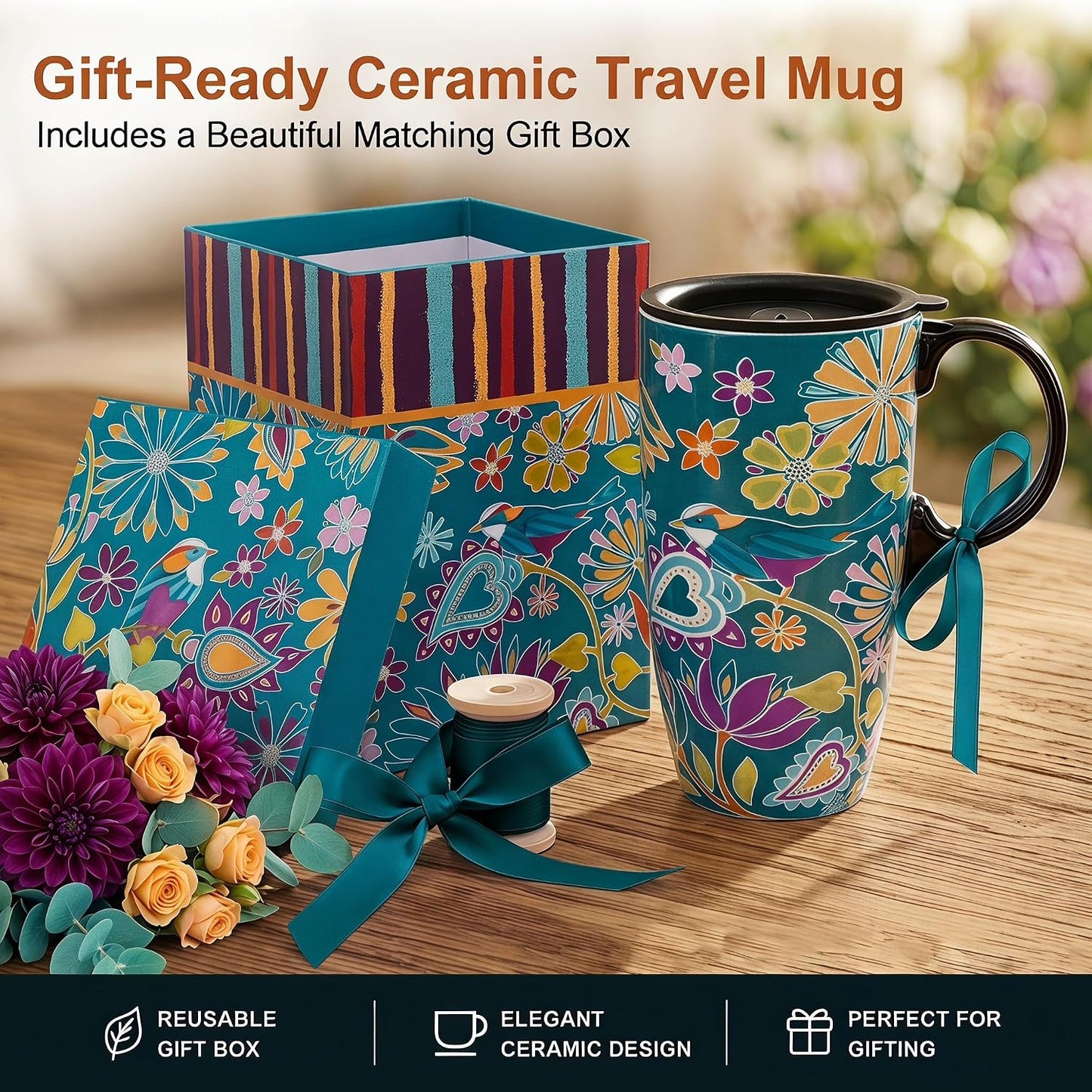 17oz Ceramic Travel Mug with Lid, Christian Floral Coffee Mug | Christian Coffee Mug with Handle, Joshua 24:15 Floral Design, Splash-Resistant Lid, Microwave & Dishwasher Safe, Gift Box