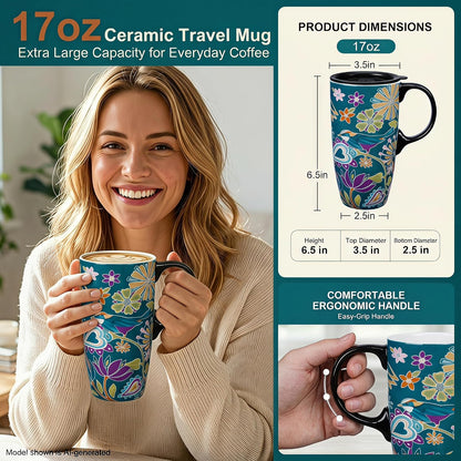 17oz Ceramic Travel Mug with Lid, Christian Floral Coffee Mug | Christian Coffee Mug with Handle, Joshua 24:15 Floral Design, Splash-Resistant Lid, Microwave & Dishwasher Safe, Gift Box