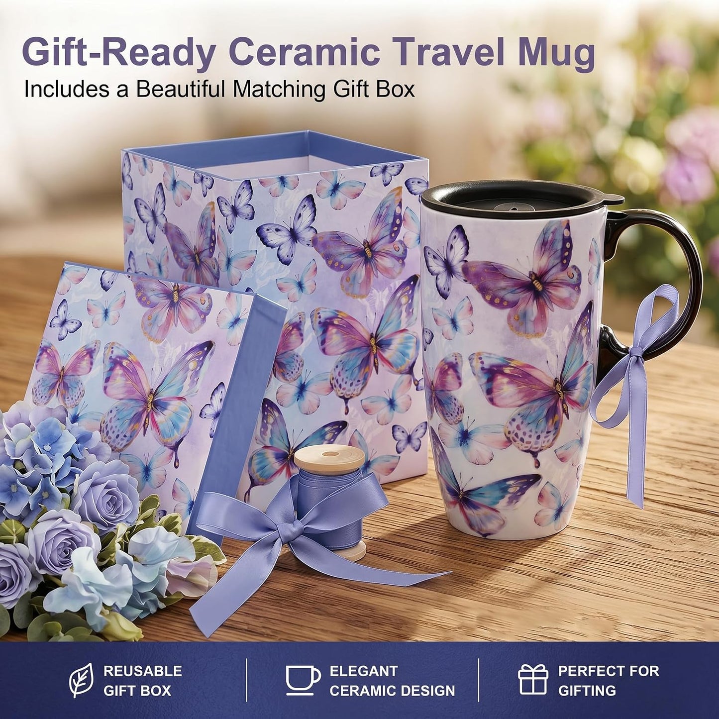 17oz Ceramic Travel Mug with Lid, Christian Floral Coffee Mug | Christian Coffee Mug with Handle, Joshua 24:15 Floral Design, Splash-Resistant Lid, Microwave & Dishwasher Safe, Gift Box