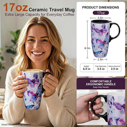 17oz Ceramic Travel Mug with Lid, Christian Floral Coffee Mug | Christian Coffee Mug with Handle, Joshua 24:15 Floral Design, Splash-Resistant Lid, Microwave & Dishwasher Safe, Gift Box