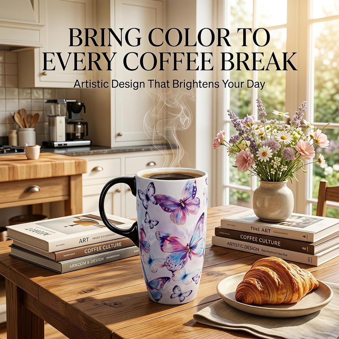 17oz Ceramic Travel Mug with Lid, Christian Floral Coffee Mug | Christian Coffee Mug with Handle, Joshua 24:15 Floral Design, Splash-Resistant Lid, Microwave & Dishwasher Safe, Gift Box