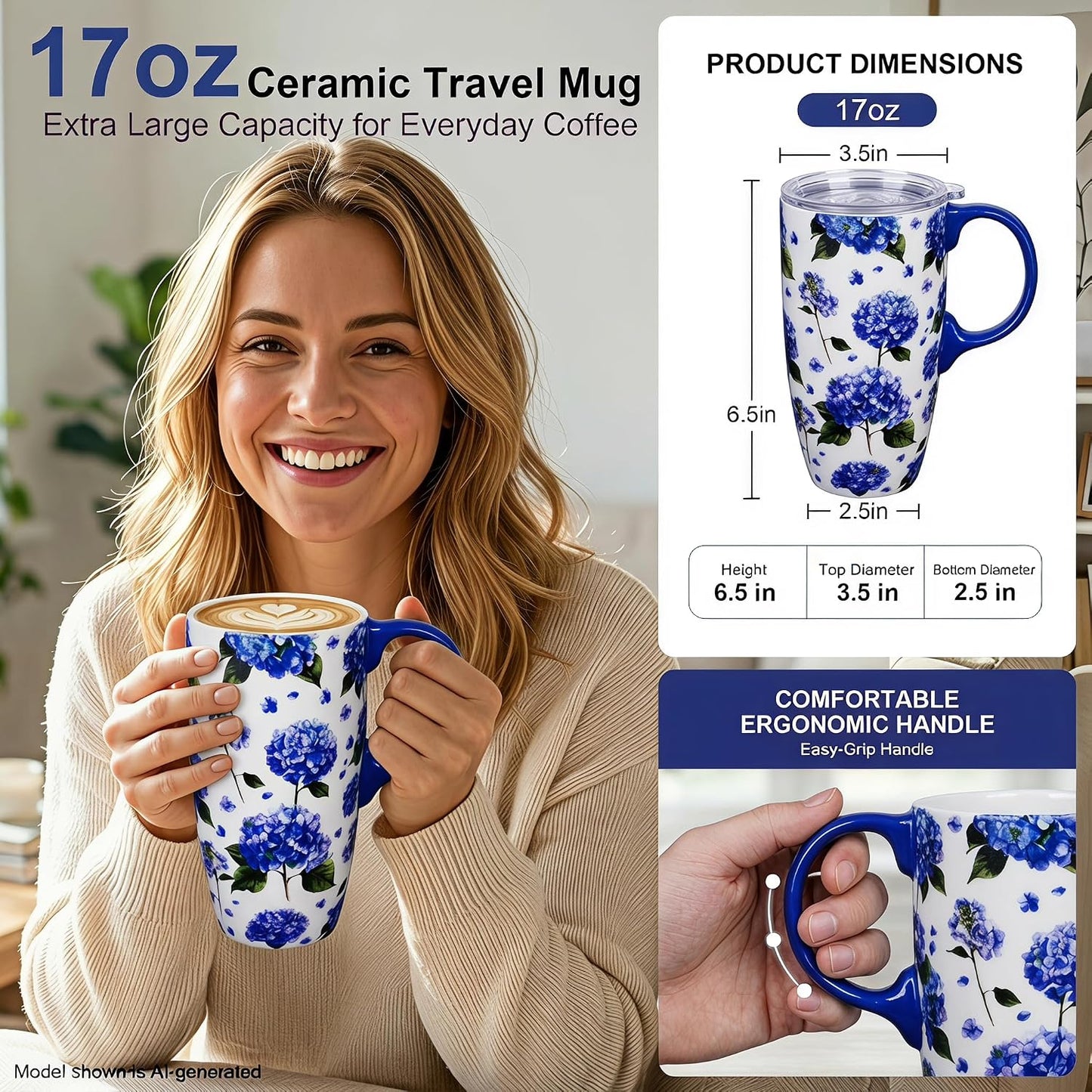 17oz Ceramic Travel Mug with Lid, Christian Floral Coffee Mug | Christian Coffee Mug with Handle, Joshua 24:15 Floral Design, Splash-Resistant Lid, Microwave & Dishwasher Safe, Gift Box