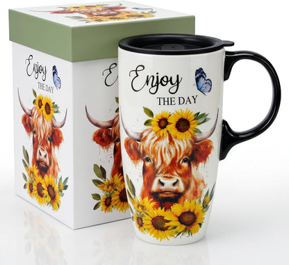 17oz Ceramic Travel Mug with Lid, Christian Floral Coffee Mug | Christian Coffee Mug with Handle, Joshua 24:15 Floral Design, Splash-Resistant Lid, Microwave & Dishwasher Safe, Gift Box