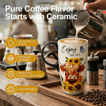 17oz Ceramic Travel Mug with Lid, Christian Floral Coffee Mug | Christian Coffee Mug with Handle, Joshua 24:15 Floral Design, Splash-Resistant Lid, Microwave & Dishwasher Safe, Gift Box