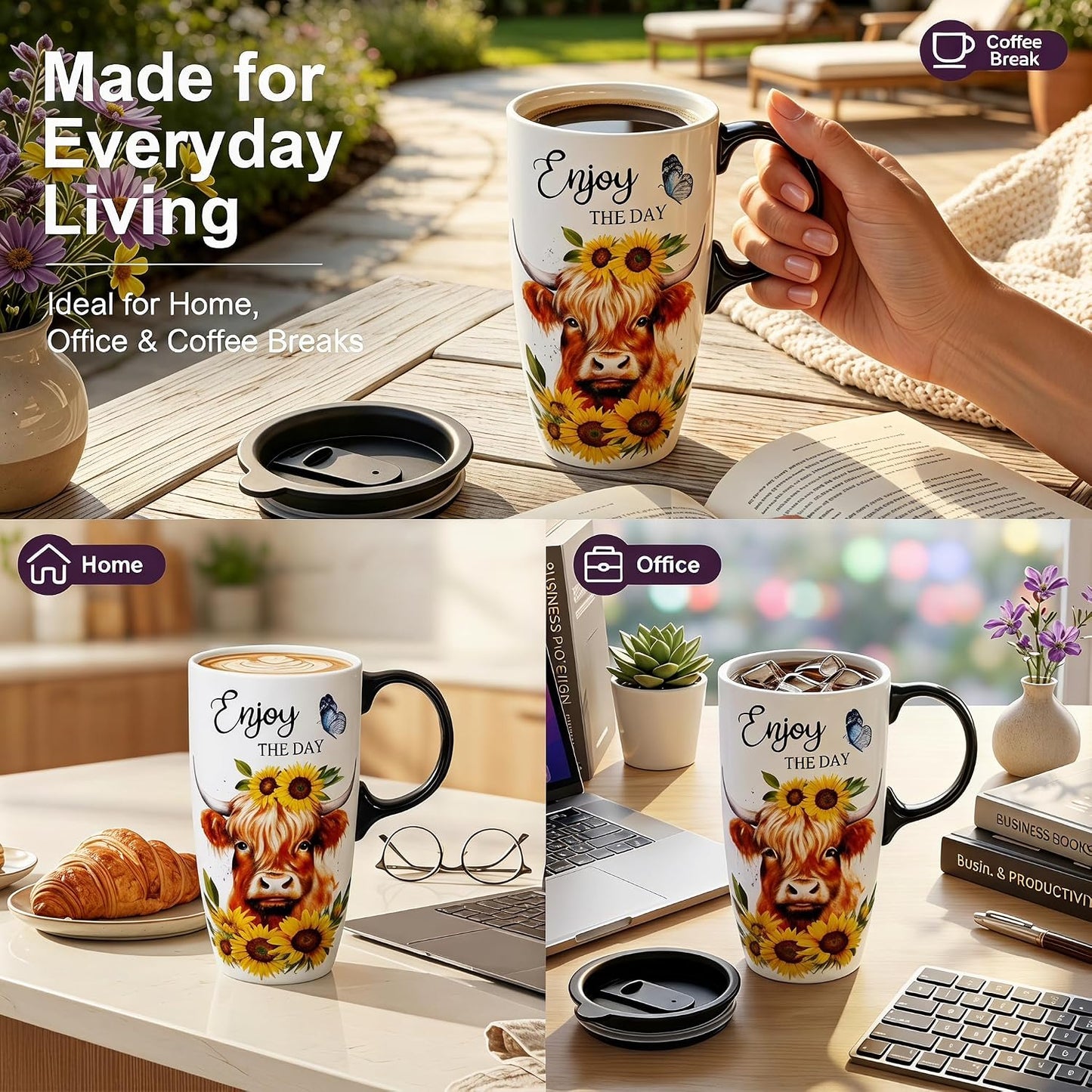 17oz Ceramic Travel Mug with Lid, Christian Floral Coffee Mug | Christian Coffee Mug with Handle, Joshua 24:15 Floral Design, Splash-Resistant Lid, Microwave & Dishwasher Safe, Gift Box