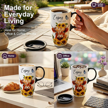 17oz Ceramic Travel Mug with Lid, Christian Floral Coffee Mug | Christian Coffee Mug with Handle, Joshua 24:15 Floral Design, Splash-Resistant Lid, Microwave & Dishwasher Safe, Gift Box