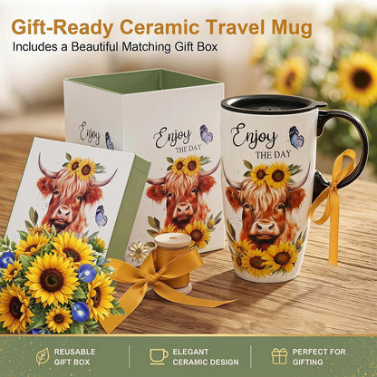 17oz Ceramic Travel Mug with Lid, Christian Floral Coffee Mug | Christian Coffee Mug with Handle, Joshua 24:15 Floral Design, Splash-Resistant Lid, Microwave & Dishwasher Safe, Gift Box