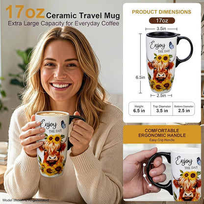 17oz Ceramic Travel Mug with Lid, Christian Floral Coffee Mug | Christian Coffee Mug with Handle, Joshua 24:15 Floral Design, Splash-Resistant Lid, Microwave & Dishwasher Safe, Gift Box