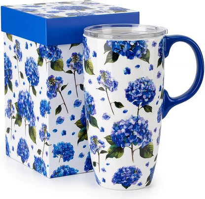 17oz Ceramic Travel Mug with Lid, Christian Floral Coffee Mug | Christian Coffee Mug with Handle, Joshua 24:15 Floral Design, Splash-Resistant Lid, Microwave & Dishwasher Safe, Gift Box